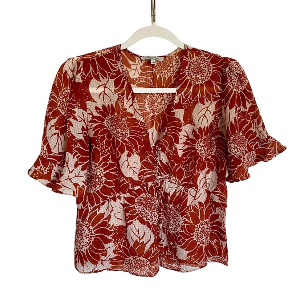 Madewell Preppy Chic 100% Silk Pitch Waist Keyhole Ruffle Sleeve Sunflower Top